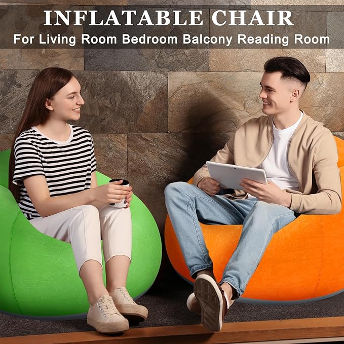 Realspring 2 Pcs Inflatable Bean Bag Chairs with Electric Air Pump Outdoor Blow up Chair Inflatable Lazy Sofa Folding Portable Loungers Couch for Living Room Bedroom(Orange, Green)
