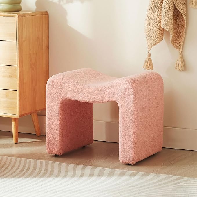 Vanity Stool Foot Rest Small Footstool Ottoman Chair Seating Backless Modern Teddy Velvet Ottoman for Makeup Room Living Room Bedroom Entryway,(Single 1) Pink