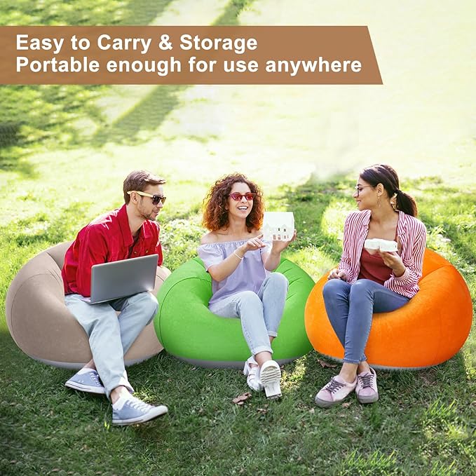 Realspring 6 Pcs Inflatable Bean Bag Chairs for Adults with Electric Air Pump, Blow up Couch Folding Portable Inflatable Couch Lazy Sofa for Outdoor Movie Nights Camping Room (Coffee,Orange,Green)
