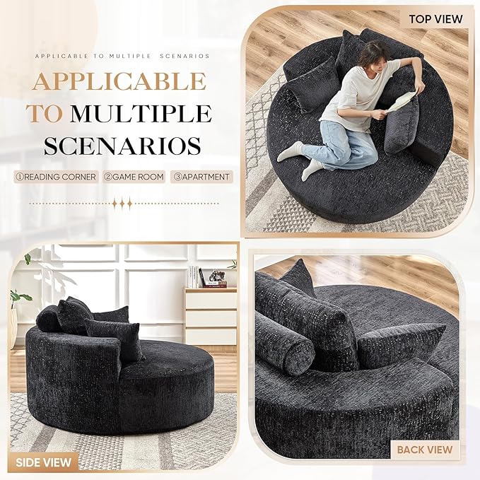 JEEOHEY Modern Round Accent Sofa Chair for Living Room, Upholstered Chenille Barrel Lounge Arm Chair with Large seat&Throw Pillows for Bedroom, Office, Apartment, Black