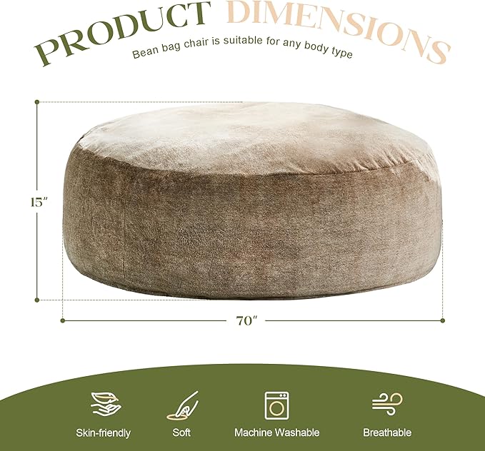 Hobestluk Bean Bag Chairs Giant Beanbag Chair with Filler, Memory Foam Bean Bags with Fluffy & Machine Washable Cover, Bean Bag Chairs for Aduts for Living Room, Bedroom (BROWN, 6FT - 70" x 70" x 15")