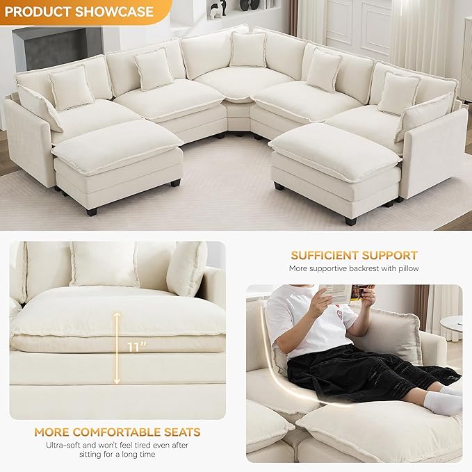 113'' V Shaped Cloud Sectional Sofa, Oversized Deep Seat Couches for Living Room, Chenille Comfy Upholstered Modular Sectional Sofa Couch with 2 Movable Ottoman, Beige
