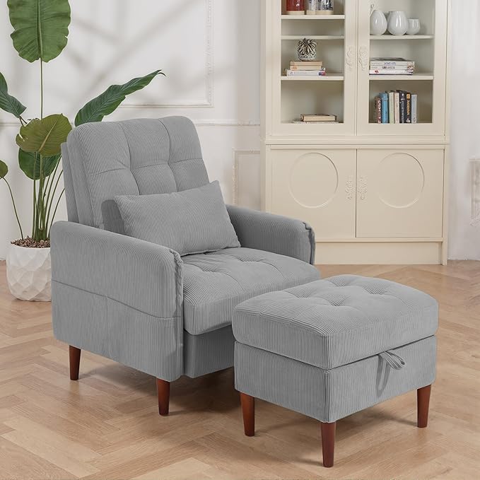 Lumibee Accent Chair with Storage Ottoman, Upholstered Comfy Reading Chair with Adjustable Reclining Backrest, Corduroy Fabric Lounge Chair Armchair for Living Room Bedroom, Gray