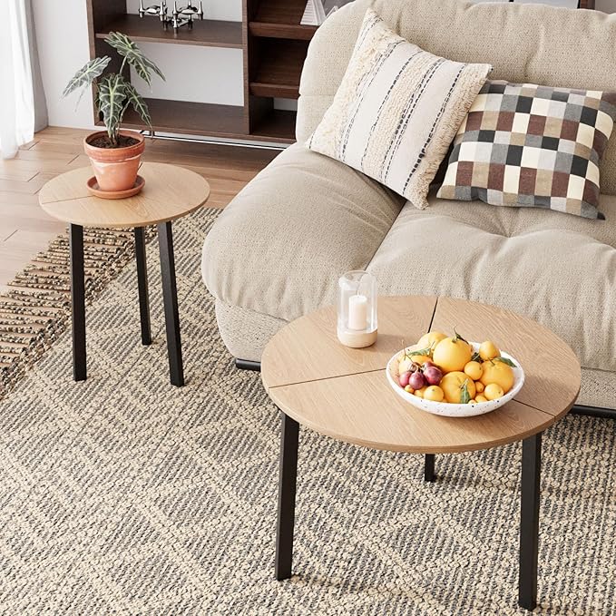 SUNBURY Coffee Table Nesting Wood Set of 2, Round Coffee Table 23.6", Side Tables for Living Room Bedroom Balcony Yard