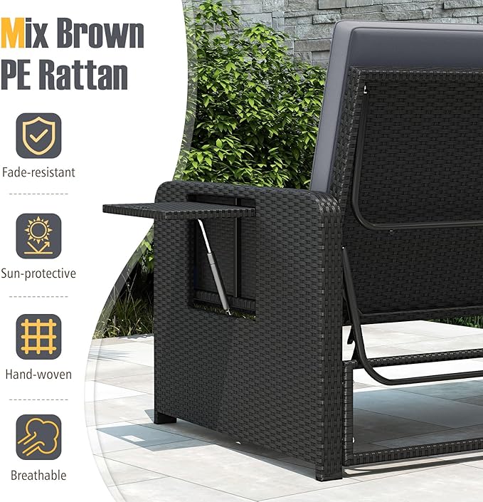 RELAX4LIFE Wicker Patio Outdoor Daybed - Rattan Day Bed Lounger w/Loveseat & Storage Ottoman, Sunbed Sofa Set w/Cushions, 4-Level Adjustable Backrest & 2 Retractable Trays, Patio Daybed (Grey-Black)