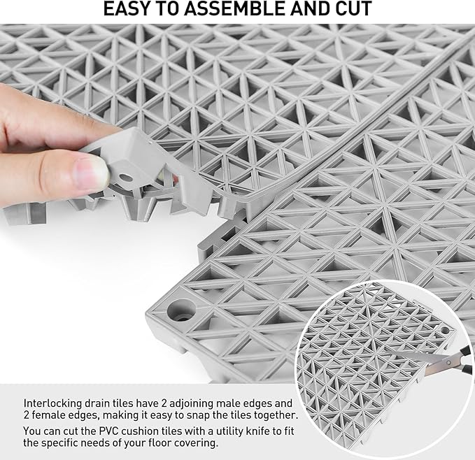 MAXWAVE 18 Pack 12" x 12" Modular Interlocking Floor Mats, Soft PVC Non-Slip Drainage Tiles, Splicing Rubber Cushion Flooring for Deck, Shower, Pool, Basement, Shed, Indoor and Outdoor Use