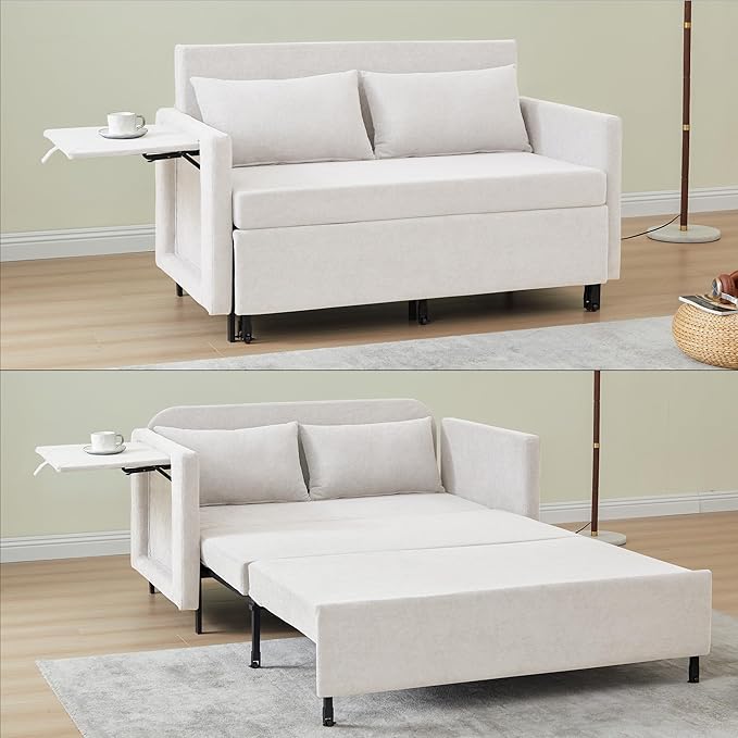 QHITTY Pull Out Couch Bed, 2-in-1 Sleeper Sofa Small Loveseat Bed with Hidden Side Table and Iron Frame for Living Room, Small Space, Apartment (White)