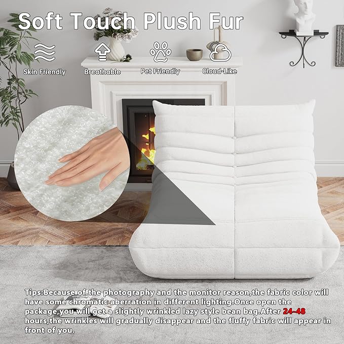 Bean Bag Chairs for Adults, BeanBag Reading Chair Memory Foam Couch, Floor Chair Soft Teddy Material, Comfy Reading Nook Chairs for Bedroom Living Room Office (White)