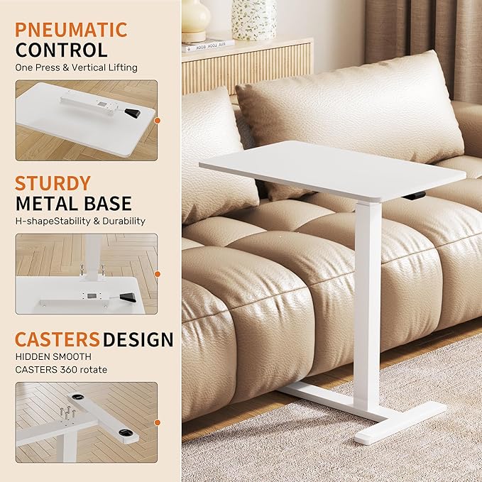 CROWNFURN Overbed Bedside Table with Wheels,Height Adjustable Bedside Table for Recliner,Rolling Standing Desk for Home Hospital,White