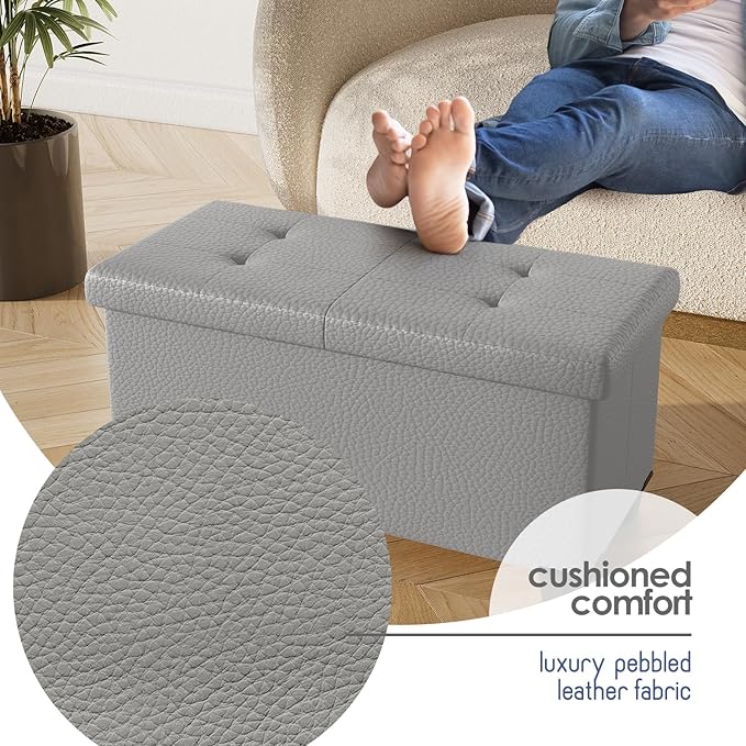 Storage Ottoman Bench with Bins, 30-in Storage Bench for Bedroom End of Bed, Folding Foot Rest Ottoman for Living Room Max 660lbs, Faux Leather Ottomans, Light Grey