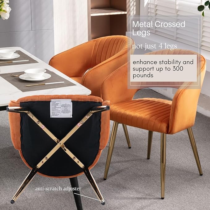 COMULER Orange Velvet Dining Chairs Gold Legs, Modern Dining Room Chairs with Arms Set of 6 Upholstered Accent Chair Armchair with Barrel Back for Kitchen Living Room