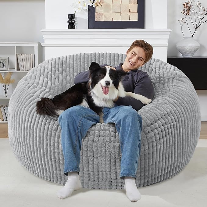 Homguava 6 FT Bean Bag Chair,6' Big Bean Bag,Giant Bean Bag Chairs for Adults with Memory Foam Filled,Comfy Large Beanbag Chairs Soft Bean Bag Sofa with Dutch Corded Plush Cover-Light Grey