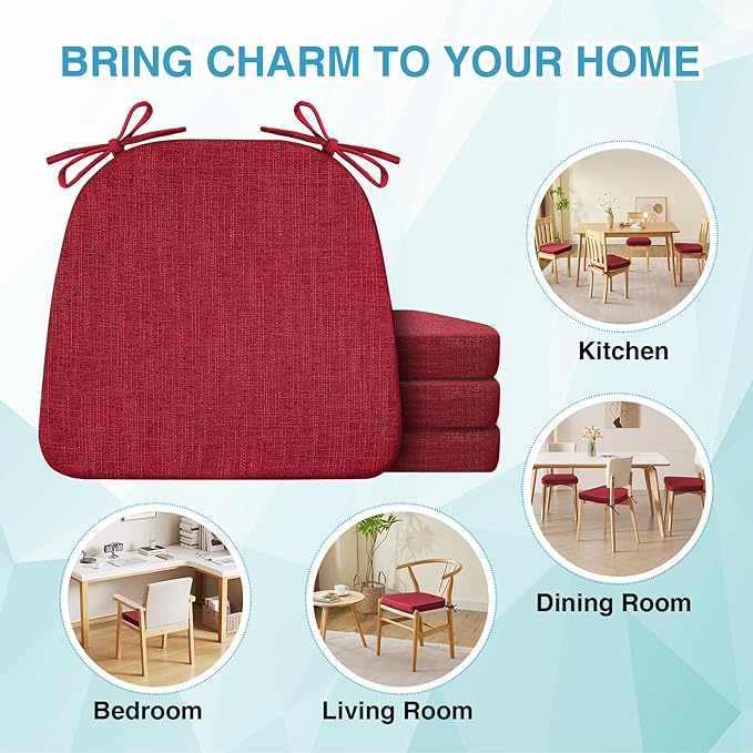 Chair Cushions for Dining Chairs Set of 6, Non Slip Kitchen Chair Pads, 17" x 16" x 2", Indoor Dining Chair Cushions with Ties, D-Shaped Seat Cushions for Kitchen Chairs, Red