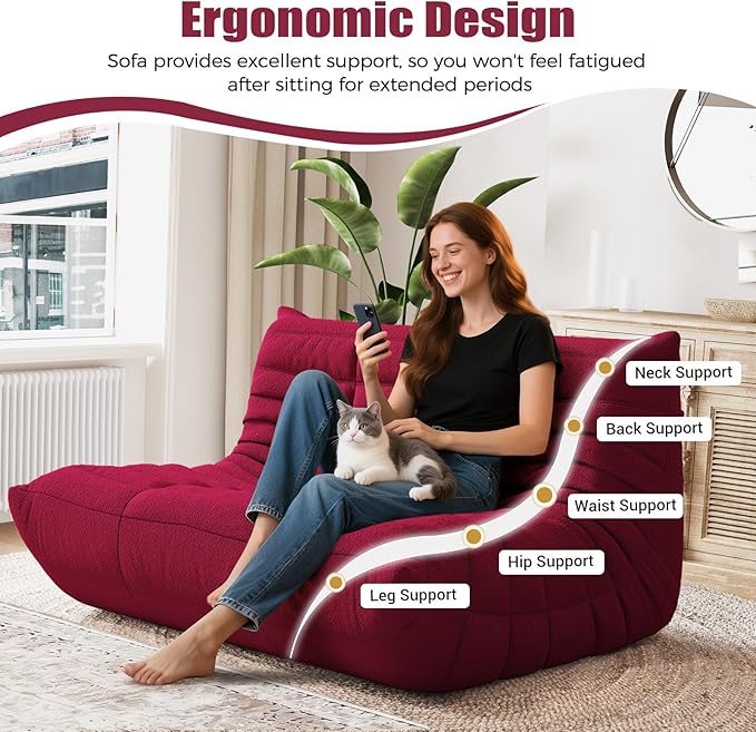 Selyteramy Bean Bag Chairs for Adults, Giant Bean Bag Chair Sofa with Memory Foam, Comfy Beanbag Loveseat Lazy Sofa for Living Room, Bedroom, Apartment, Red
