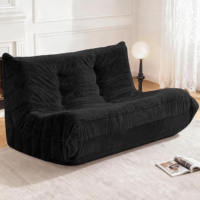 Bean Bag Loveseat Chair Big Sofa Beanbag Chair for Adults Fireside Chair Bean Bag Lounger with Memory Foam Filled for Home,Apartment or Gaming Venue（Black）