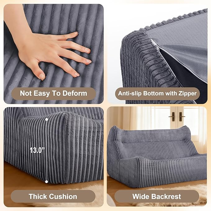 Bean Bag Chairs, Giant Bean Bag Chair for Adults, Memory Foam Lounge Chair, Comfy Lazy Floor Chair, Bean Bag Sofa for Living Room, Bedroom and Office, Loveseat Bean Bag (Grey)