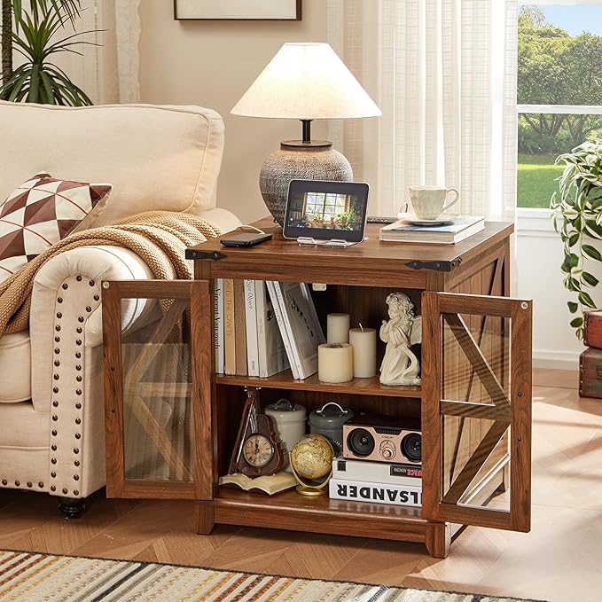 Joaxswe Farmhouse Coffee Table Set, 3 Pieces: Large End Side Tables with Charging Station and Coffee Table with Hidden Storage Compartment, Brown Wood Furniture Sets for Home Office