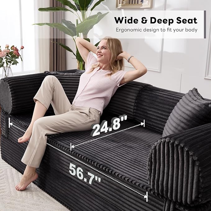 Tbfit 79'' Folding Boneless Couch, Oversized Corduroy Convertible Sofa Bed, Futon Mattress Sleeper Sofa, Comfy Foldable Upholstered Floor Couches for Living Room, Black
