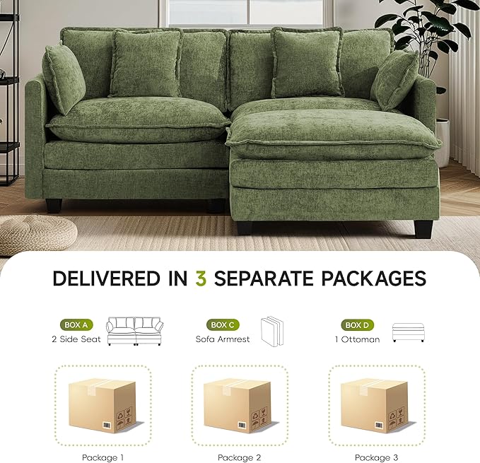 UMBFUN Cloud Couch Loveseat with Ottoman, Oversized Comfy Modular Sectional L Shaped Sofa with Deep Seat Cushions, Chenille 2-Seater Lounge Set for Living Room, Green