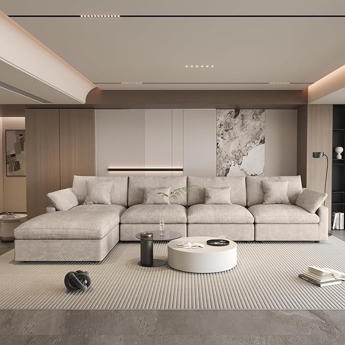 156" Cloud Couch Modular Sectional Sofa with Ottoman,L Shaped Couch, Down Filled Convertible Sofa,Cover Washable and Replaceable Couches for Living Room,Khkai