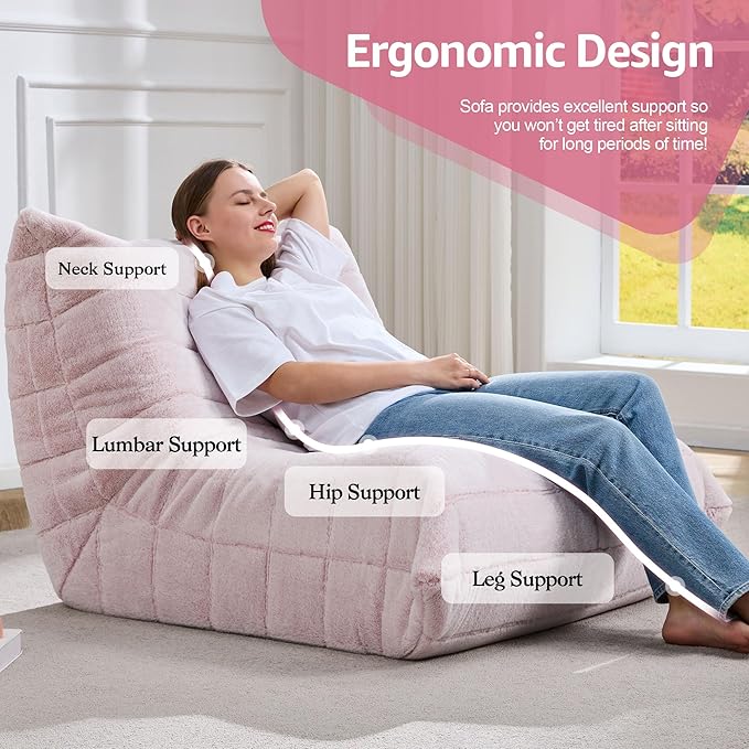 Bean Bag Chairs for Adults Giant Bean Bag Chair Memory Foam BeanBag Chair Bean Bag Sofa with Filler Faux Fur Fireside Beanbags Lazy Sofa for Living Room Bedroom Office (Pink Plush, Single)