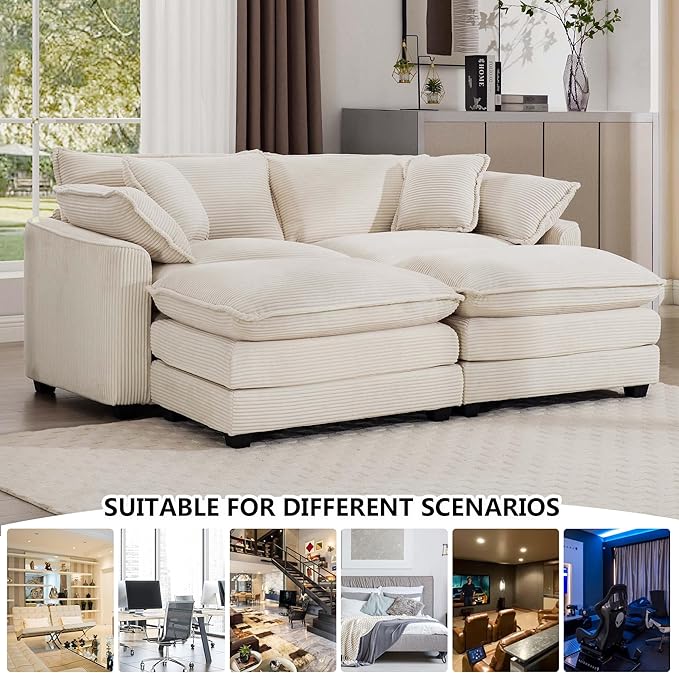 Aoowow Oversized Loveseat Couch with Ottomans,Modern Corduroy 2 Seater Cloud Couches for Living Room,Modular Sectional Cloud Sofas Deep Seat,Double Lounger Sleeper Sofa