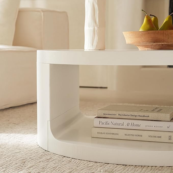 Veihaus Round Coffee Table with Storage, 31.5" Modern Living Room Table, 2 Tier Circle Wood Center Tables for Apartment, Living Room, Open-Style Storage White Coffee Tables, 31.5"*15.7" (White)