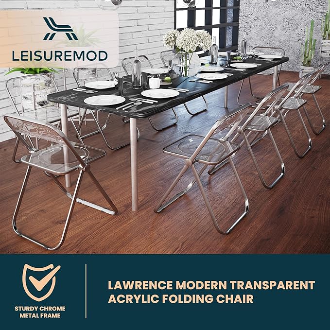 LeisureMod Lawrence Modern Clear Acrylic Folding Chair with Metal Frame, Space-Saving Transparent Seating for Dining Room, Home Office, Bedroom, Vanity or Small Spaces, (Jade Green, Set of 2)