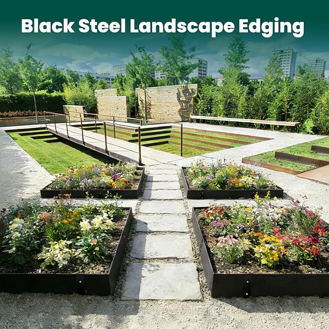Metal Landscape Edging Galvanized Steel Edging Metal Garden Edging Border 40 Inch Strips 8 Inch Depth Black Steel Landscaping Edge 6-Pack for Lawn Yard Pathway 20 Ft Total (with 6 Clips)