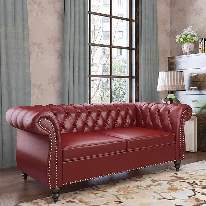 QHITTY Accent Sofa, Chesterfield Loveseat Modern Leather Couch Upholstered Sofa with Tufted Back for Living Room Furniture (Burgundy)