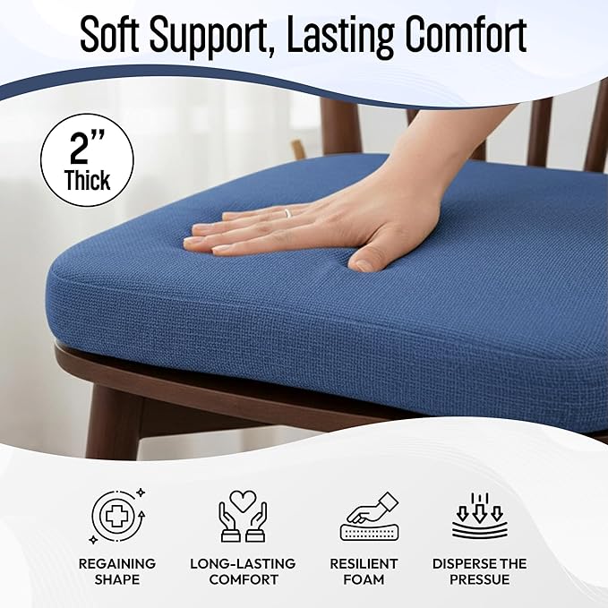 D-Shaped Indoor Chair Cushions 17" x 16" for Kitchen & Dining Chairs – 2'' Thick Seat Pads with Ties & Non-Slip Backing, High-Density Foam, Machine-Washable Covers, Set of 4 with Chair Leg Pads, Blue