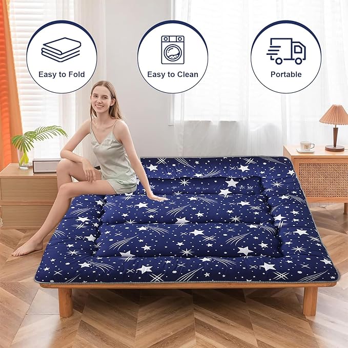 Japanese Floor Mattress,Thicken Japanese Floor Sleeping Pad Foldable,Roll Up Tatami Mat Easy to Store and Portable,Futon Mattress Suitable for Camping and Guest Room (Starry Blue, Full (80" X 47"))