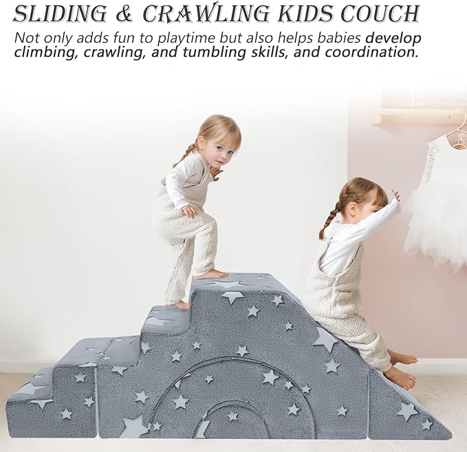 MeMoreCool Toddler Foam Climbing Couch – Modular Kids Sofa with Slide & Stairs | Convertible Sectional Play Couch for Babies & Toddlers, Glow‑in‑The‑Dark Stars, Soft Foam Playroom Furniture