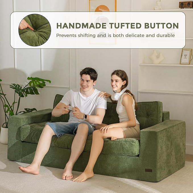 MAXYOYO Boneless Sofa Couch, Loveseat Sofa for Small Space, Tufted 3-Seater Floor Couch Bean Bag Chair for Living Room Bedroom Apartment, Sofa in a Box, No Assembly Needed, Green