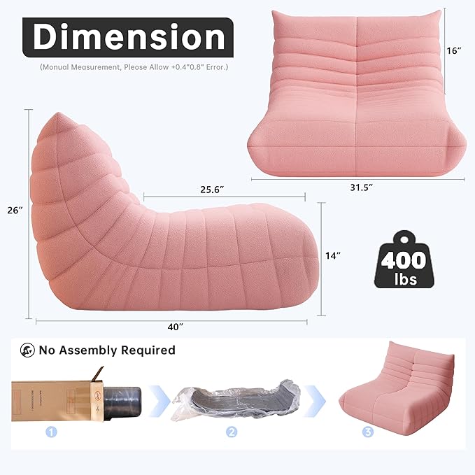 Bean Bag Chairs for Adults, BeanBag Reading Chair Memory Foam Couch, Floor Chair Soft Teddy Material, Comfy Reading Nook Chairs for Bedroom Living Room Office (Pink)