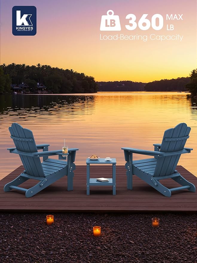 KINGYES Folding Adirondack Chair Set of 6, HDPE All-Weather Patio Chairs with Cup Holder, Wooden Textured Fire Pit Chairs for Poolside, Backyard, Deck, Navy