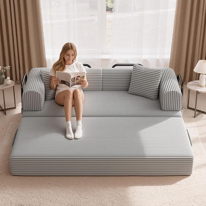 Convertible Coarser Corduroy Sleeper Sofa Bed with Cylindrical Pillow, Folding Mattress Couch with Fixed-Shape Frame, Floor Sofa Lounge Couch for Living Room Bedroom Lounge Studio, Grey