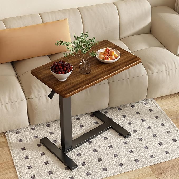 Overbed Bedside Table with Wheels Adjustable Hospital & Home Use Bed Table Rolling Movable Laptop Mobile Standing Desk Pneumatic Computer Cart Waterproof L-Shaped Steel Base Tray Tables,Brown