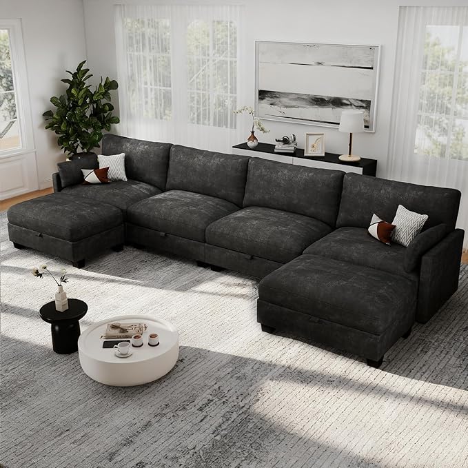 Modular Sectional U Shaped Sofa Couches for Living Room, Cloud Couch with Storage Ottoman, Comfy Chenille Sofa with Pillow, Black