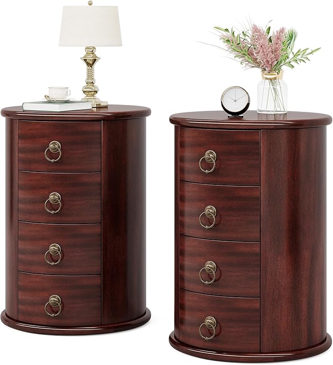 Tribesigns Solid Wood End Table Set of 2, Round Side Table with 4 Drawers, Vintage Bedside Table Nightstand for Small Spaces, Living Room, Bedroom, No Assembly Required (2, Cherry Brown)