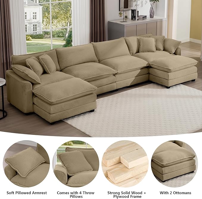 Aoowow Corduroy 4 Seater Couch with Ottomans,Modern Large Cloud Couches for Living Room,U Shaped Modular Sectional Cloud Sofas Deep Seat,U Shape Oversized Tufted Sofa Set (Tan, 4 Seater + 2 Ottoman)