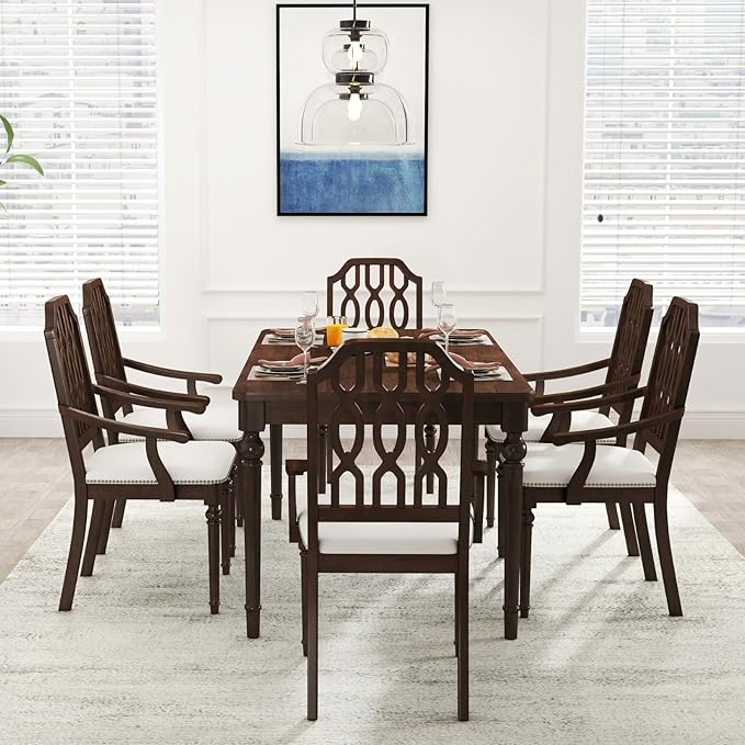 chairus Farmhouse Dining Chairs Set of 2, French Country Vintage Wooden Dining Room Chairs with Arm, Lattice Back & Turned Legs, Rustic Chenille Upholstered Nailhead Trim Kitchen Chairs, Walnut Brown