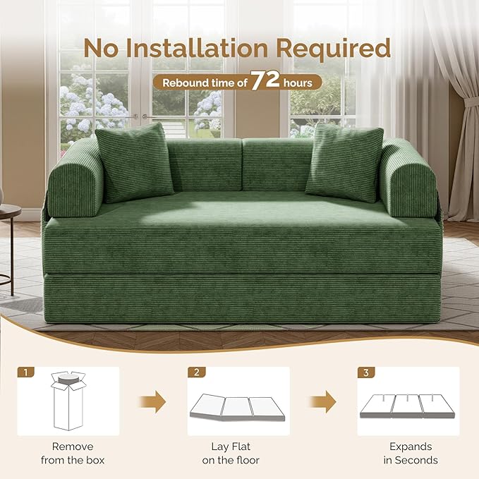 Convertible Corduroy Sleeper Sofa Bed with Cylindrical Pillows,Convertible Mattress Sofa with Fixed Shape Frame, Living Room Bedroom Lounge Studio Use Floor Sofa Lounge,Green