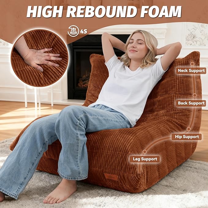 Bean Bag Chair,Giant Beanbag Chairs for Adults,Comfy Large Fireside Chair Lazy Sofa,Corduroy Bean Bag Lounger with Memory Foam Filled,Floor Sofa Couch for Home,Dorm,Living Room (Brown)