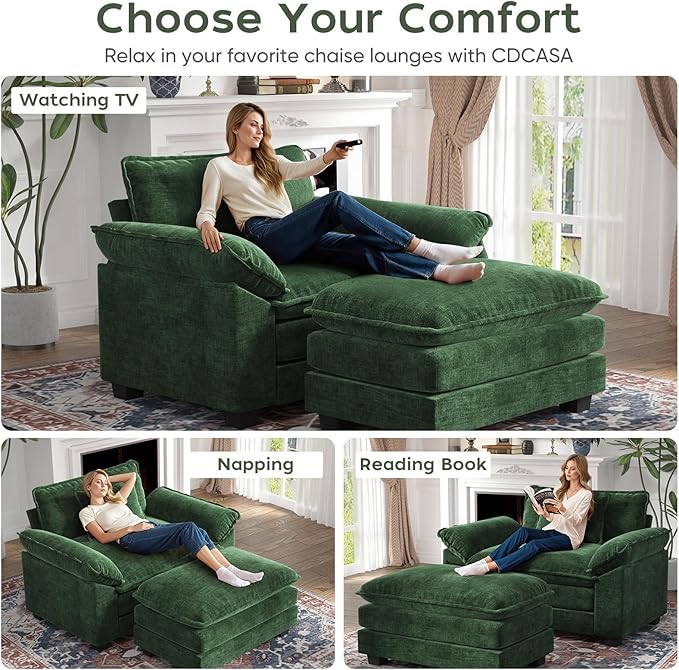 CDCASA 50'' Oversized Chair with Movable Ottoman, Chenille Comfy Cloud Sofa Accent Chair w/Large Seat and Armrests, Modern Extra Wide Armchair Reading Chairs for Living Room, DIY Combination, Green