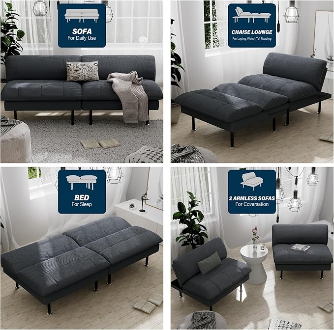 70" Futon Sofa Bed, 4 in 1 Multi-Function Couch Sleeper with Adjustable Backrest, Modern Convertible Futon, Recliner Small Loveseat for Living Room, Office, Grey
