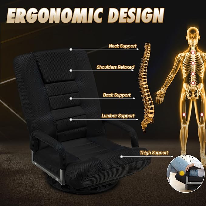 Swivel Gaming Chair 360 Degree Multipurpose Floor Chair w/Armrest & 6 Adjustable Postions Backrest for Adults & Kids, for Reading, Gaming, Watching, Relaxing, Black