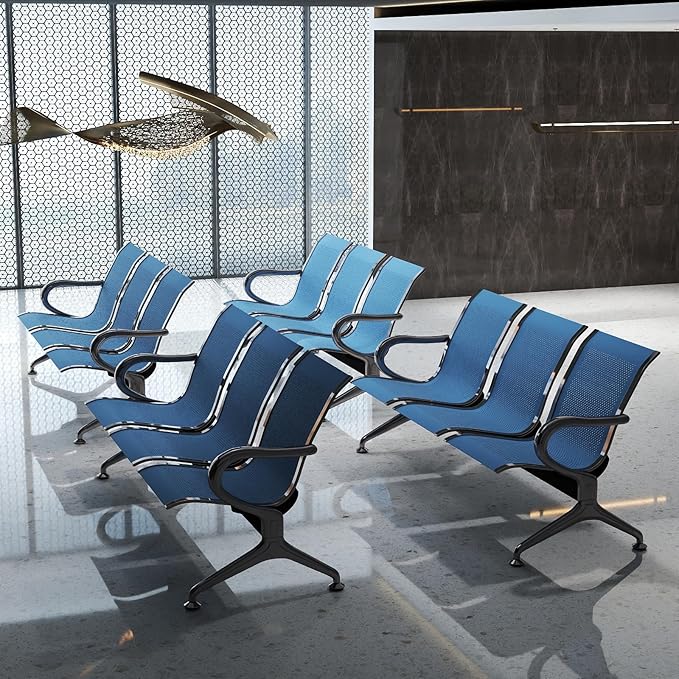 Kinfant 3-Seat Waiting Room Chair - Office Guest Reception Chairs with Ergonomic Backrests, Airport Waiting Bench with Armrests, Metal Waiting Furniture for Hospital, Bank, Salon, (Blue, Set of 4)