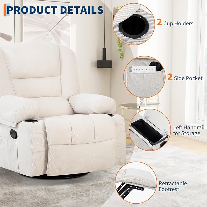 Rocker Recliner Chairs for Adults w/Vibration Massage and Heating,360° Swivel Rocker Glider Recliner,Extra Wide Manual Lazy Chair,Chenille Fabric Sofa Chair for Living Room,Bedroom,White