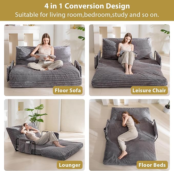 YOSHOOT Adjustable Lazy Floor Sofa Bed, Convertible Bean Bag Sofa Bed Couch, 5-Position Foldable Sleeper Chair with Armrest, Versatile Floor Seating Sofa for Reading Gaming（Grey）